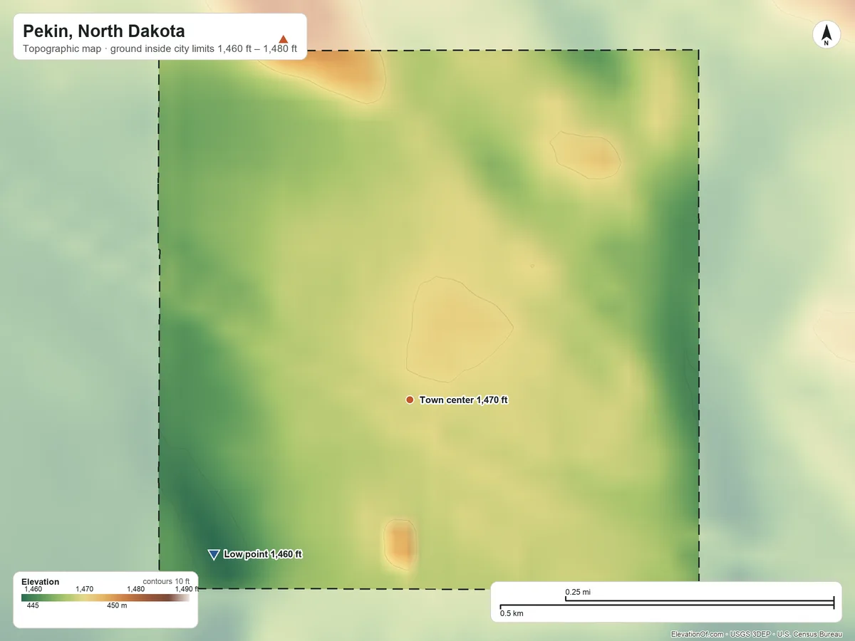 Topographic elevation map of Pekin, North Dakota, shaded from 1,460 ft on the southwest side to 1,480 ft on the north side
