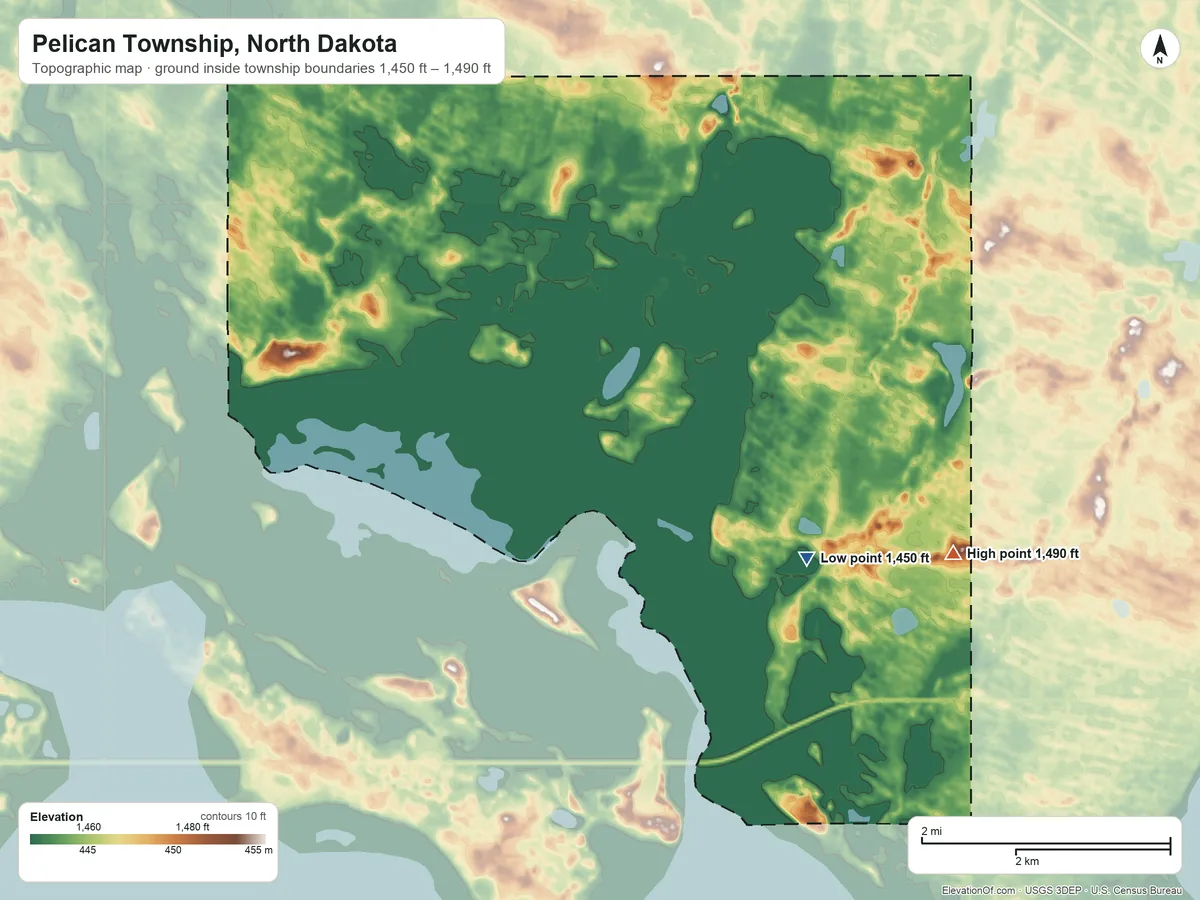 Topographic elevation map of Pelican Township, North Dakota, shaded from 1,450 ft near the middle to 1,490 ft on the east side