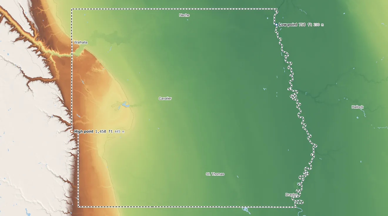 Topographic elevation map of Pembina County, North Dakota, shaded from 750 ft on the northeast side to 1,450 ft on the west side