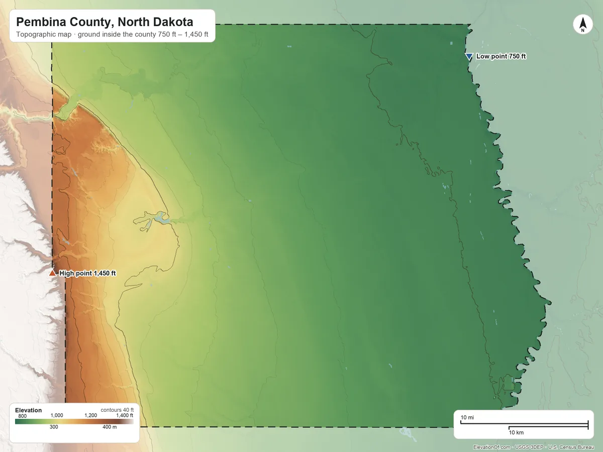 Topographic elevation map of Pembina County, North Dakota, shaded from 750 ft on the northeast side to 1,450 ft on the west side