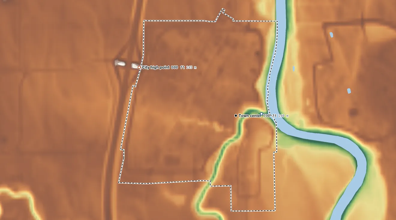 Topographic elevation map of Pembina, North Dakota, shaded from 760 ft near the middle to 800 ft on the northwest side