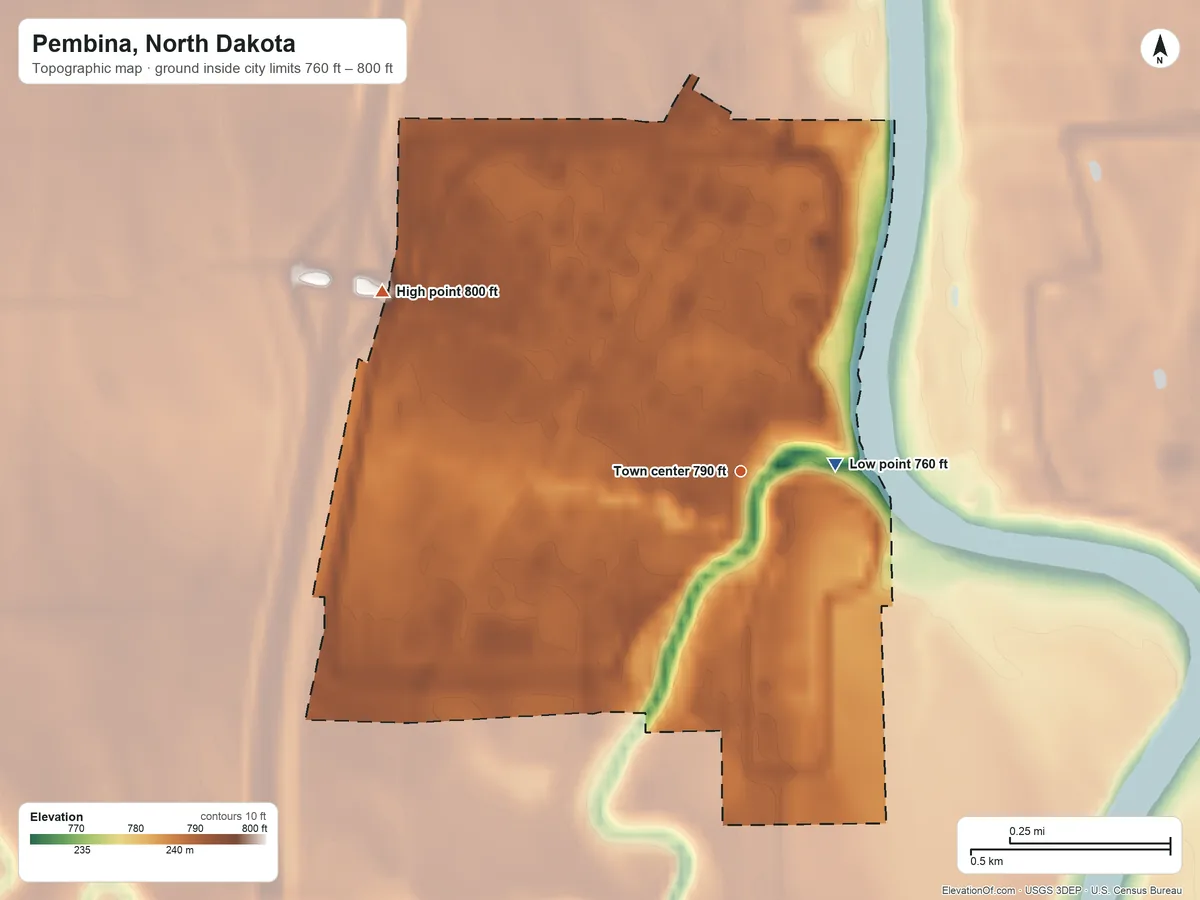 Topographic elevation map of Pembina, North Dakota, shaded from 760 ft near the middle to 800 ft on the northwest side