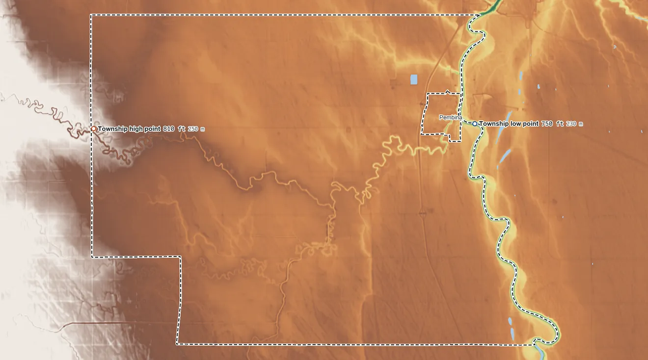 Topographic elevation map of Pembina Township, North Dakota, shaded from 750 ft on the east side to 810 ft on the west side