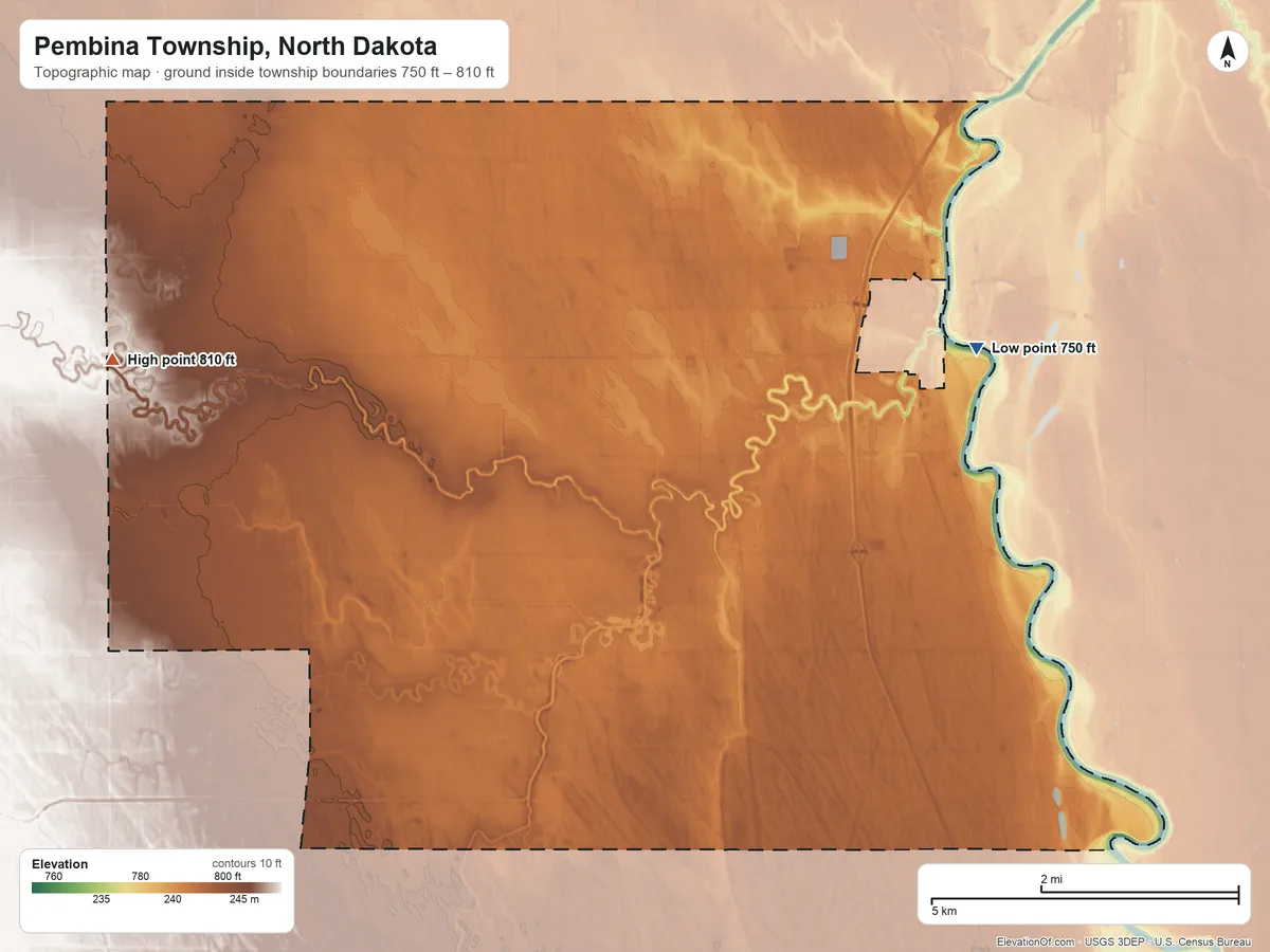 Topographic elevation map of Pembina Township, North Dakota, shaded from 750 ft on the east side to 810 ft on the west side