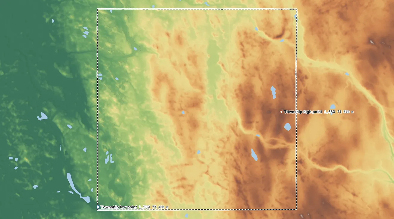 Topographic elevation map of Perry Township, North Dakota, shaded from 1,580 ft on the southwest side to 1,680 ft on the southeast side