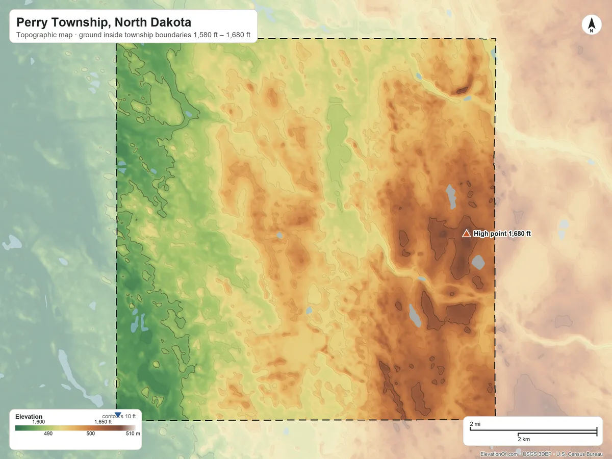 Topographic elevation map of Perry Township, North Dakota, shaded from 1,580 ft on the southwest side to 1,680 ft on the southeast side