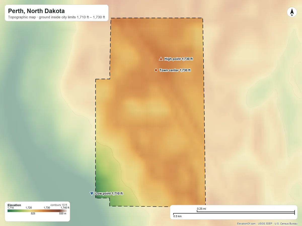 Topographic elevation map of Perth, North Dakota, shaded from 1,710 ft on the southwest side to 1,730 ft near the middle