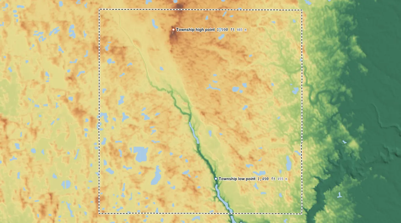 Topographic elevation map of Perth Township, North Dakota, shaded from 1,490 ft on the southeast side to 1,590 ft on the north side