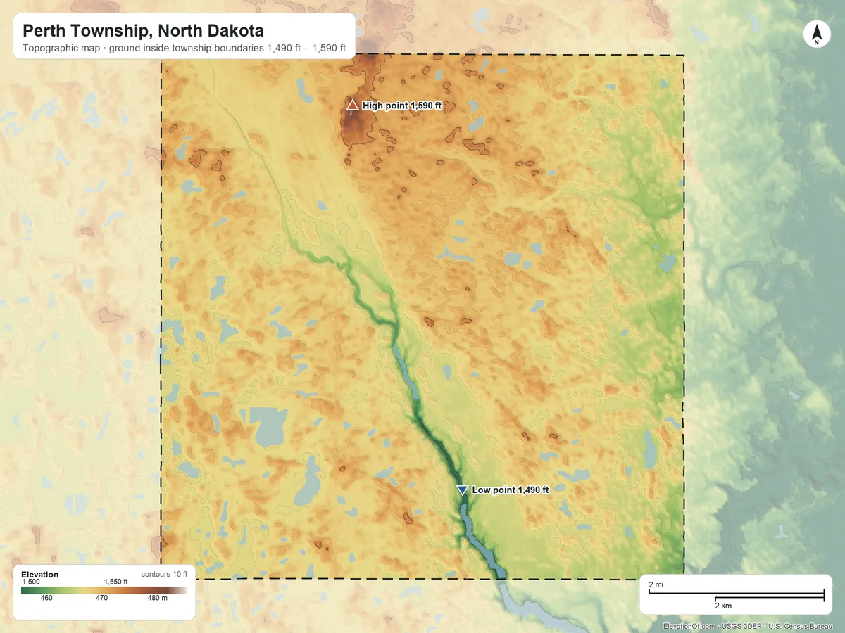 Topographic elevation map of Perth Township, North Dakota, shaded from 1,490 ft on the southeast side to 1,590 ft on the north side