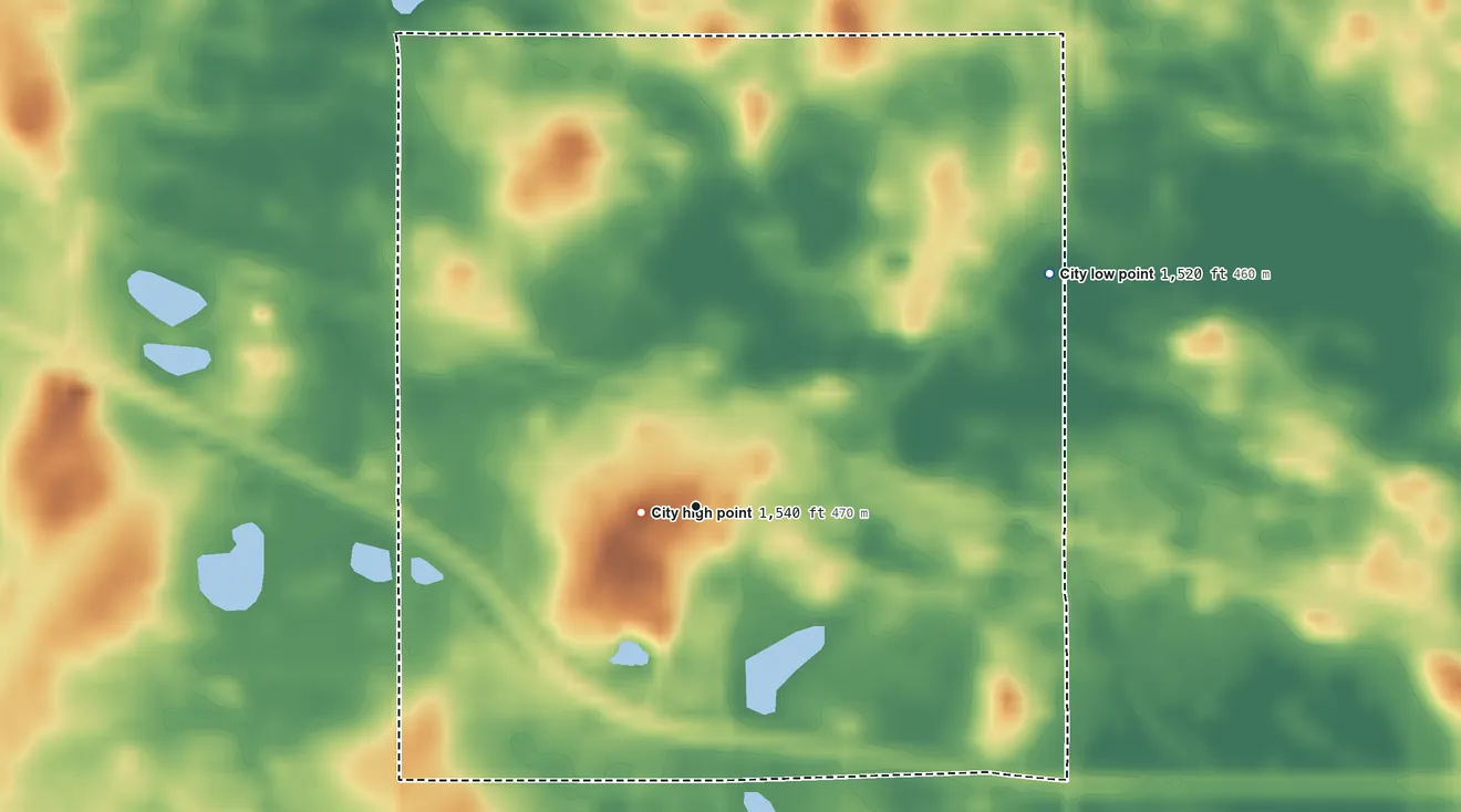Topographic elevation map of Petersburg, North Dakota, shaded from 1,520 ft on the northeast side to 1,540 ft near the middle