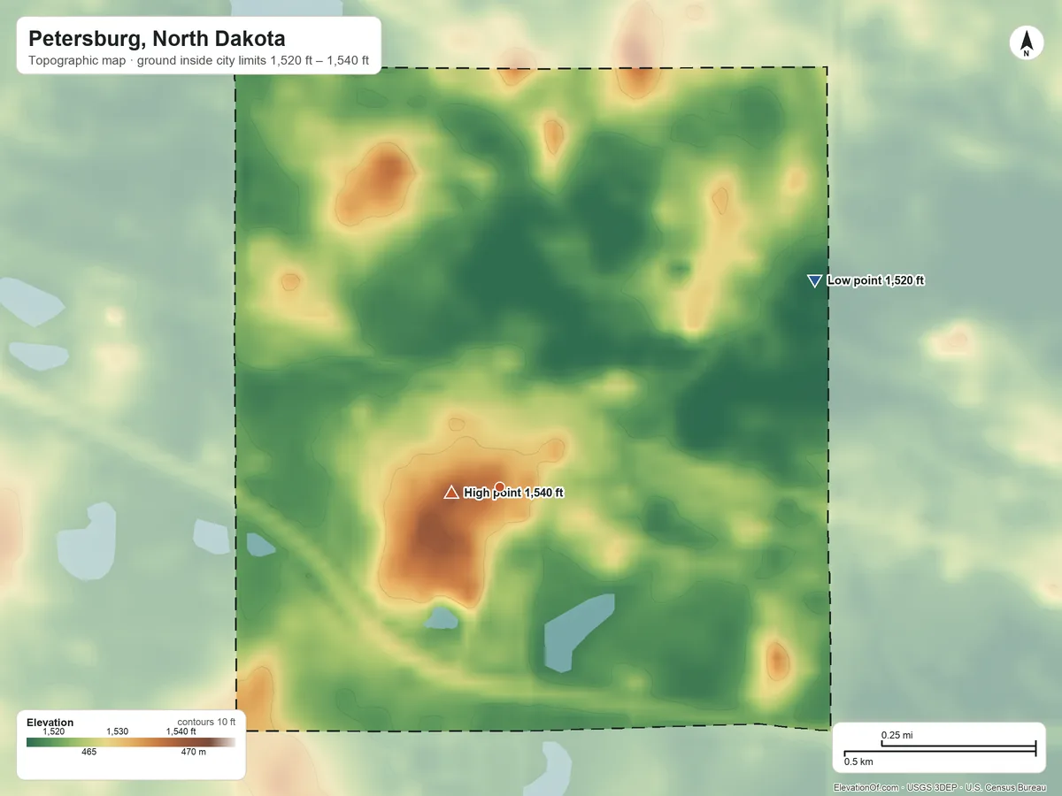 Topographic elevation map of Petersburg, North Dakota, shaded from 1,520 ft on the northeast side to 1,540 ft near the middle