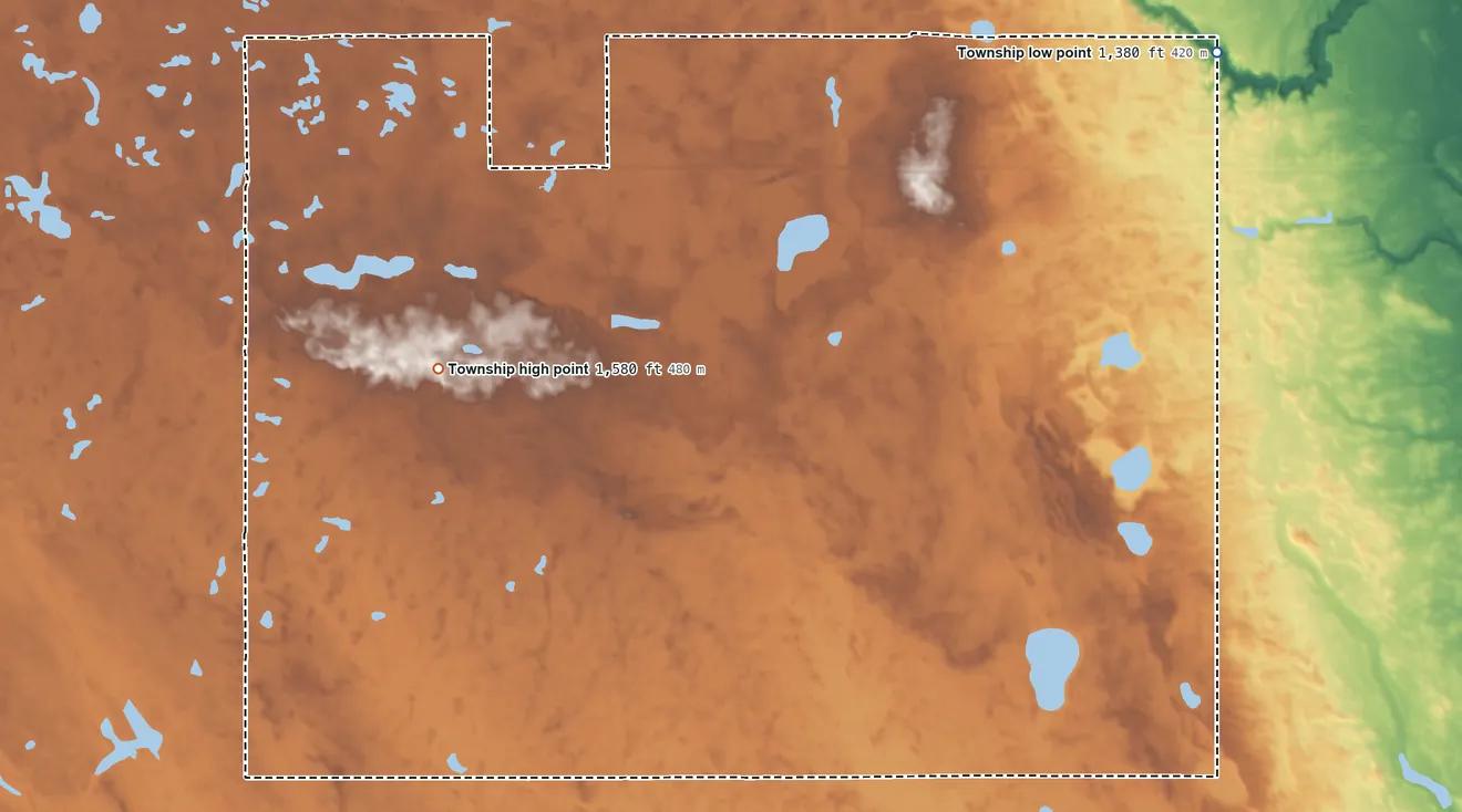 Topographic elevation map of Petersburg Township, North Dakota, shaded from 1,380 ft on the northeast side to 1,580 ft on the northwest side