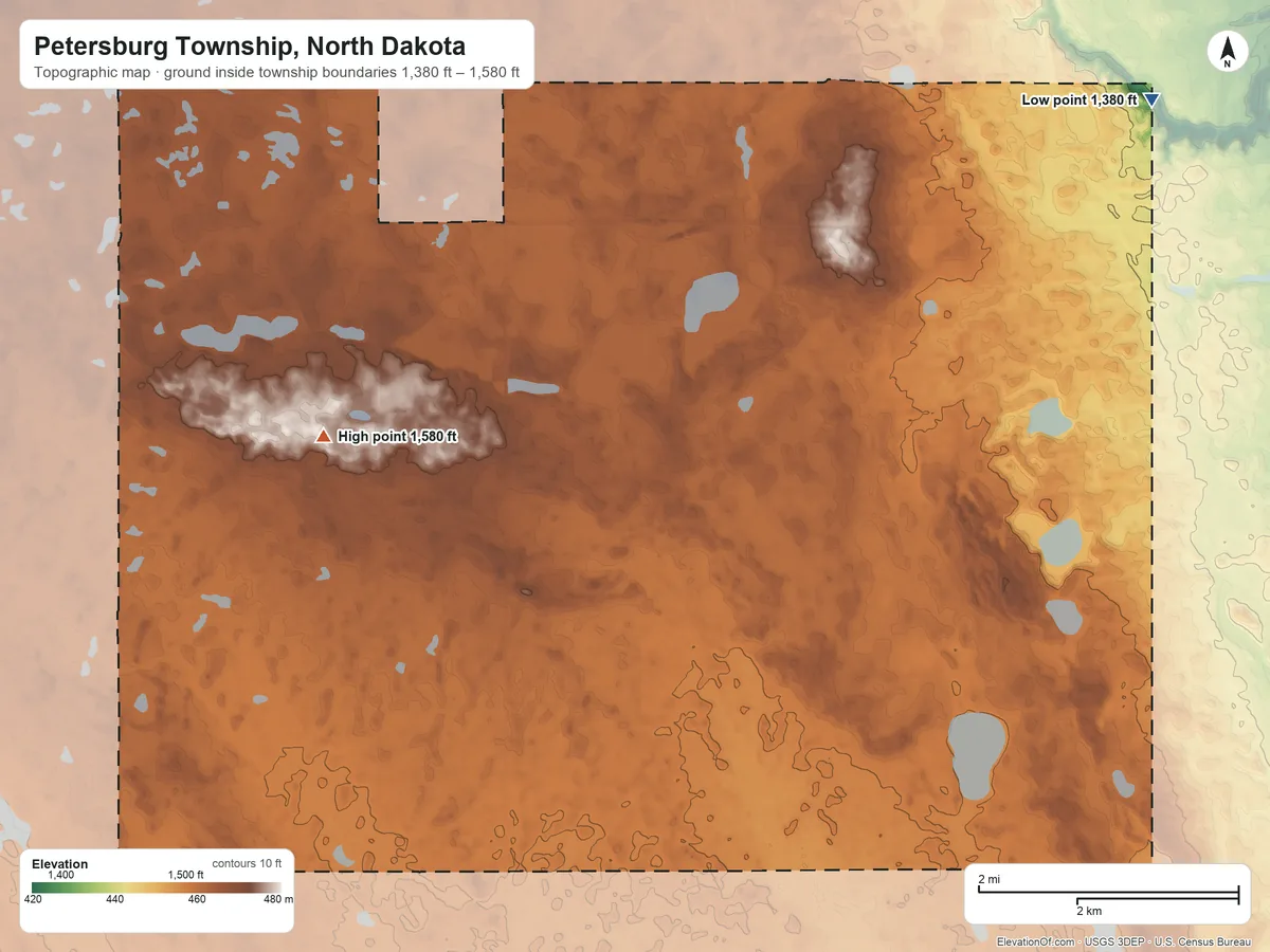 Topographic elevation map of Petersburg Township, North Dakota, shaded from 1,380 ft on the northeast side to 1,580 ft on the northwest side
