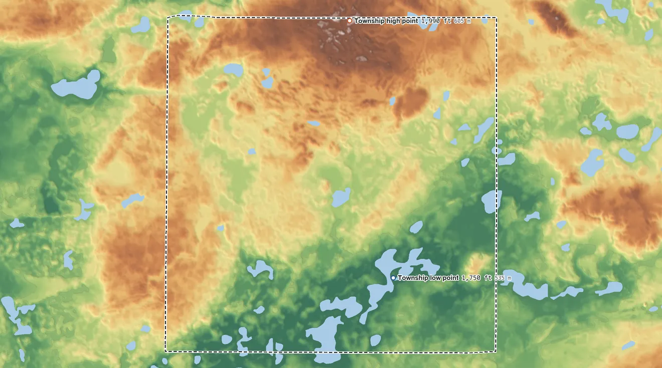 Topographic elevation map of Peterson Township, North Dakota, shaded from 1,750 ft on the south side to 1,990 ft on the north side