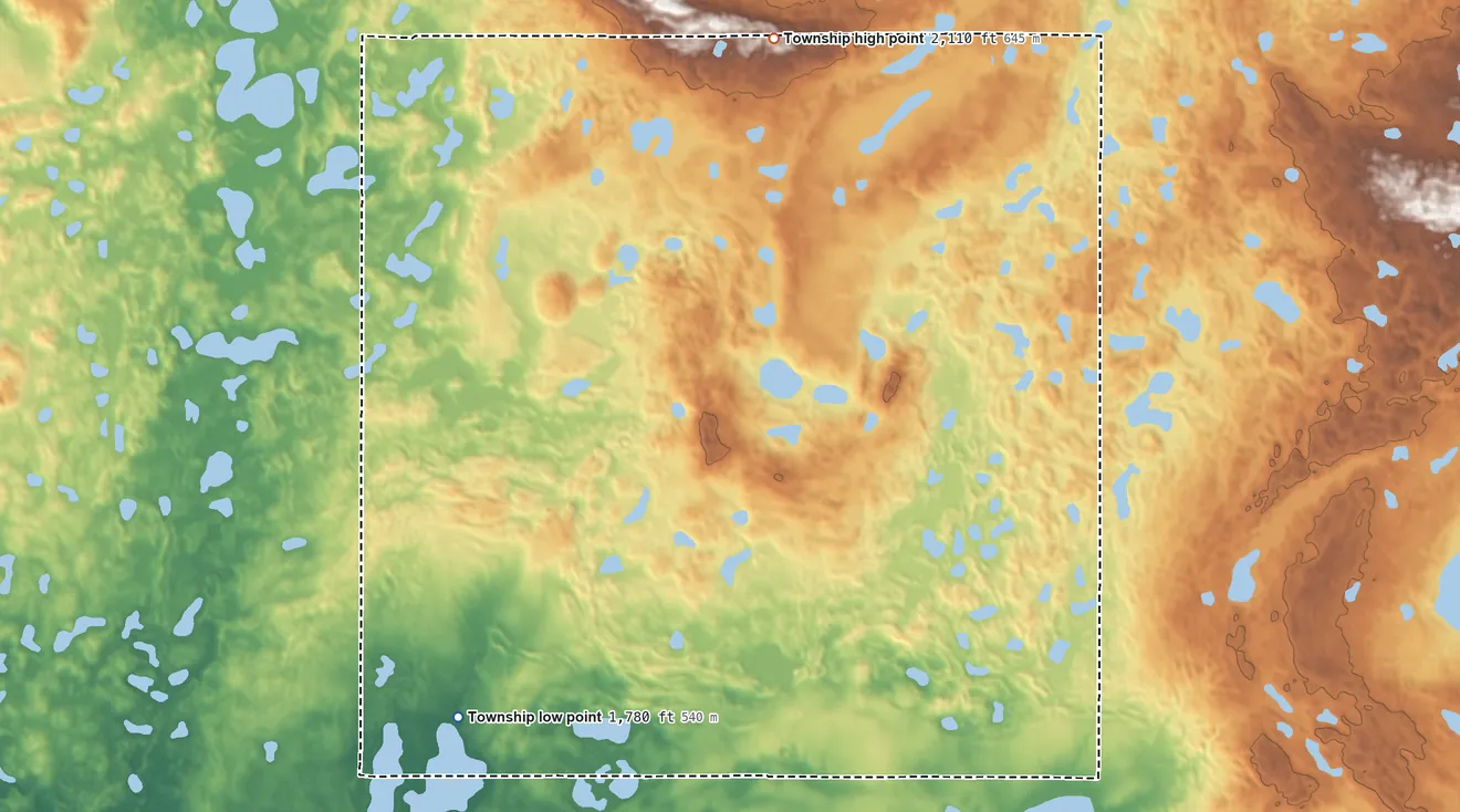 Topographic elevation map of Petersville Township, North Dakota, shaded from 1,780 ft on the south side to 2,110 ft on the northeast side