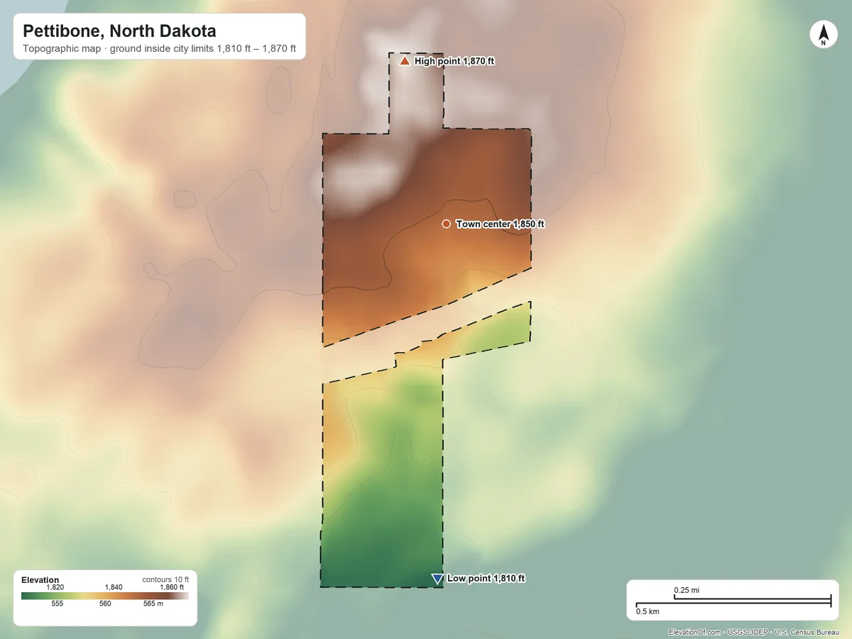 Topographic elevation map of Pettibone, North Dakota, shaded from 1,810 ft on the south side to 1,870 ft on the north side