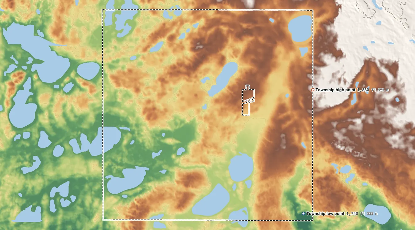Topographic elevation map of Pettibone Township, North Dakota, shaded from 1,750 ft on the southeast side to 1,880 ft on the east side