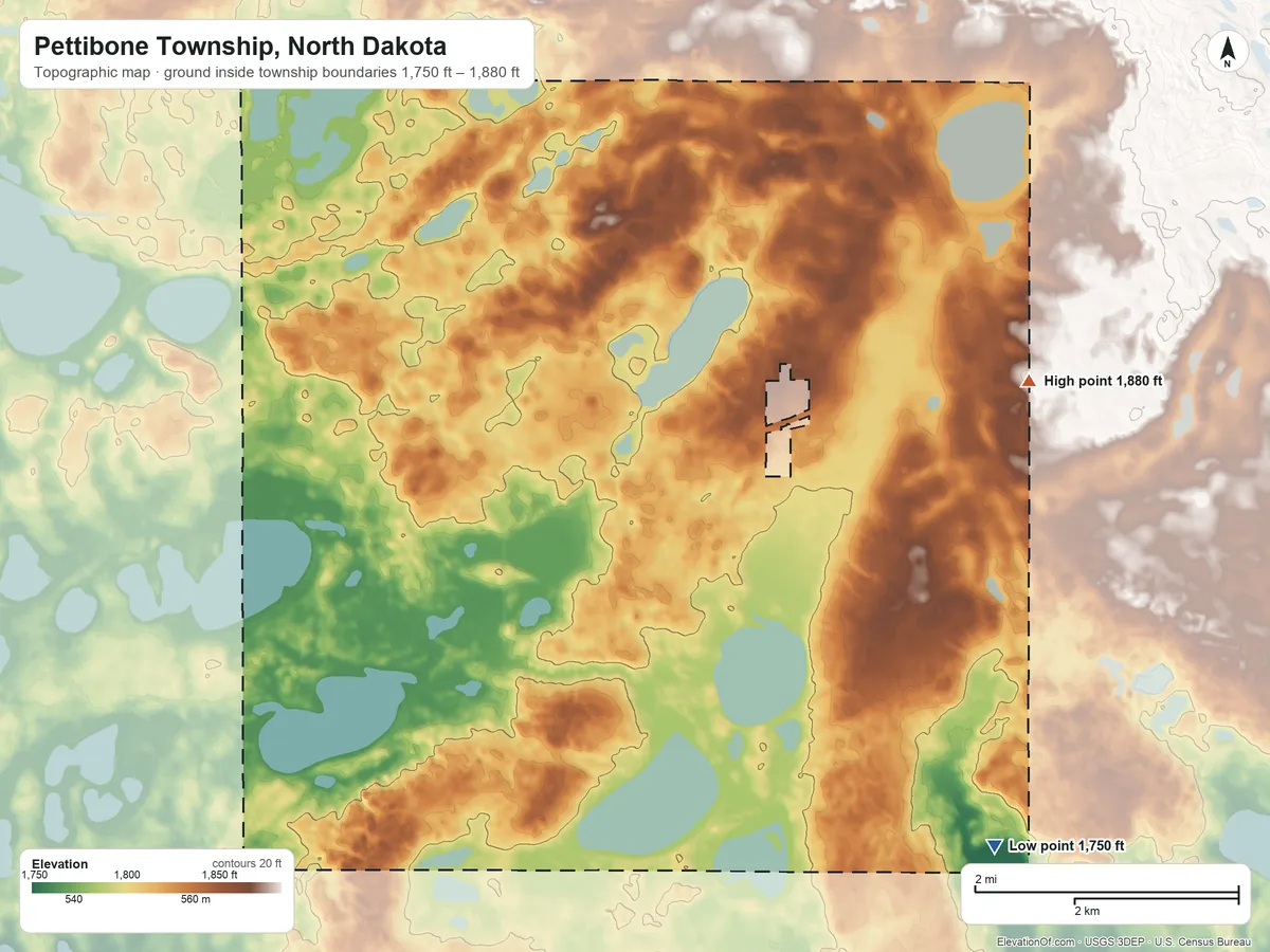Topographic elevation map of Pettibone Township, North Dakota, shaded from 1,750 ft on the southeast side to 1,880 ft on the east side