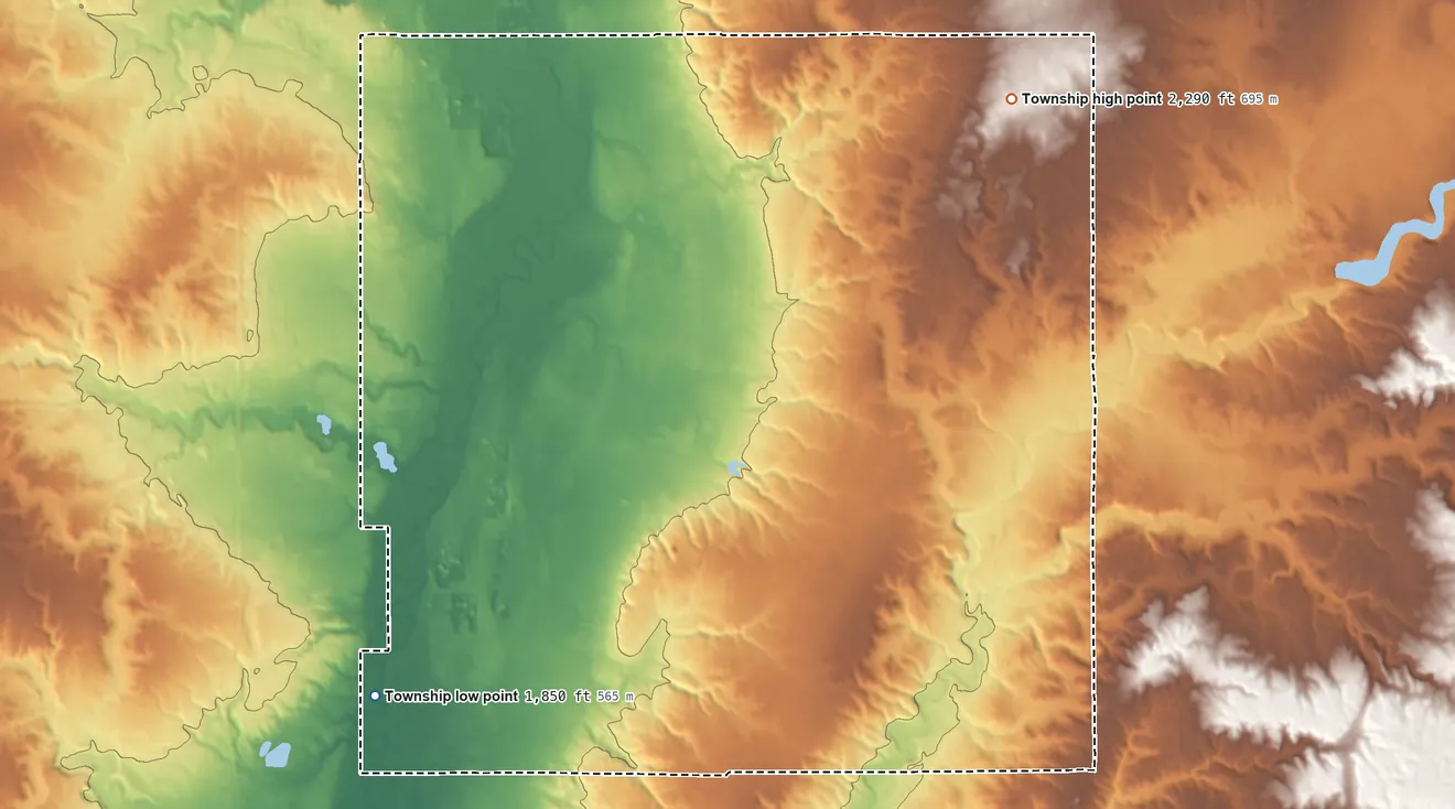 Topographic elevation map of Pherrin Township, North Dakota, shaded from 1,850 ft on the southwest side to 2,290 ft on the northeast side