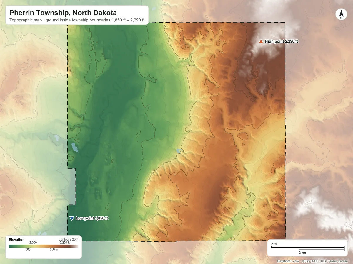 Topographic elevation map of Pherrin Township, North Dakota, shaded from 1,850 ft on the southwest side to 2,290 ft on the northeast side