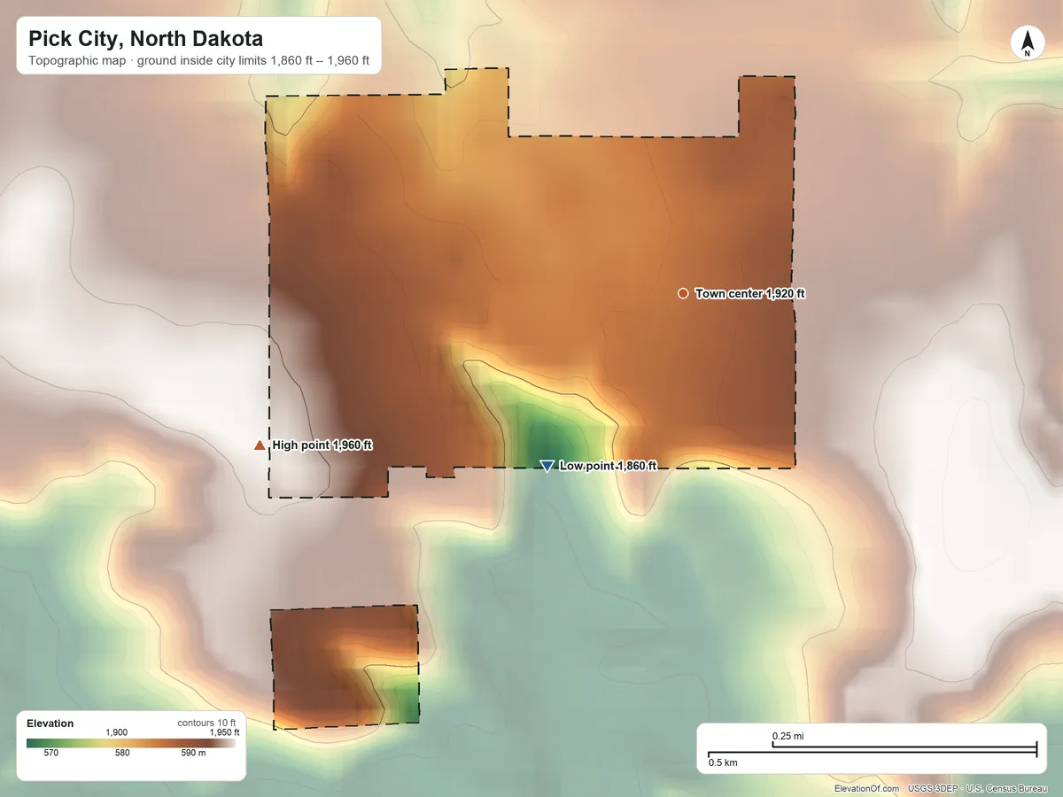 Topographic elevation map of Pick City, North Dakota, shaded from 1,860 ft on the southwest side to 1,960 ft on the west side