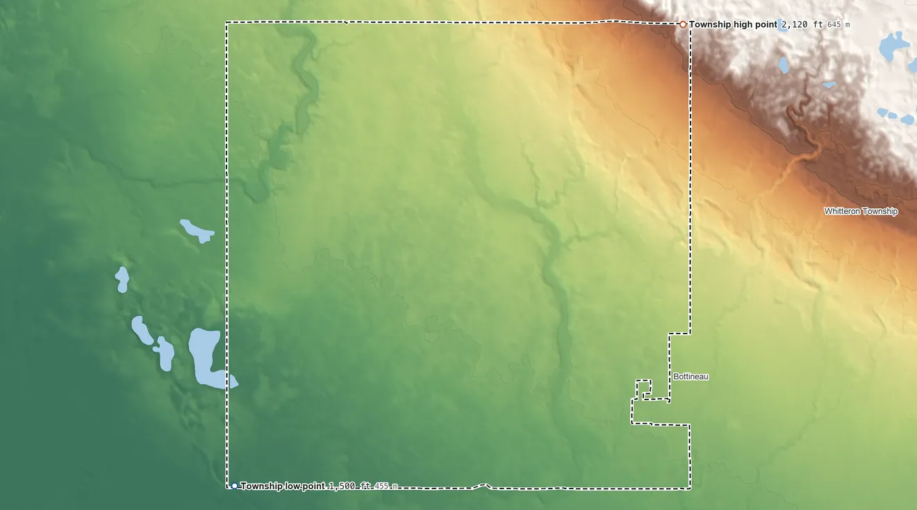 Topographic elevation map of Pickering Township, North Dakota, shaded from 1,500 ft on the southwest side to 2,120 ft on the north side