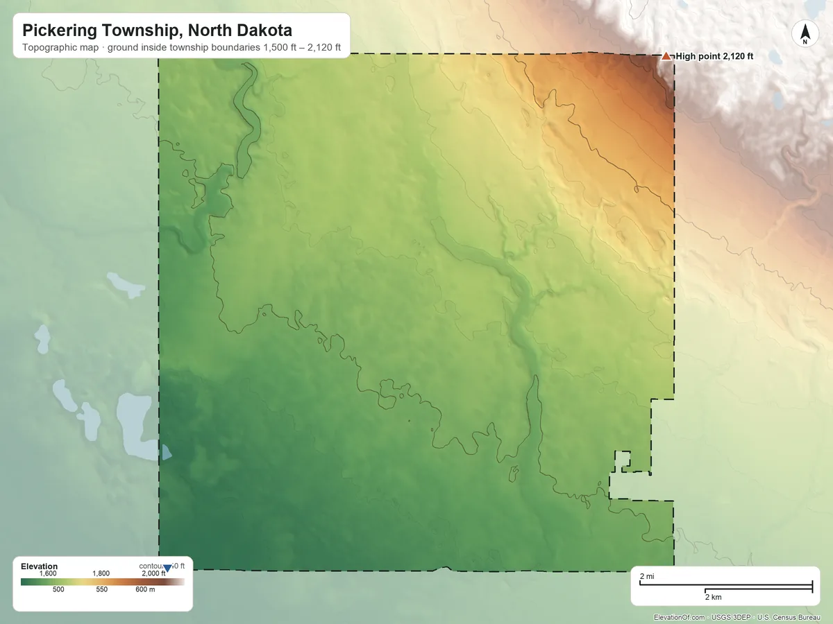 Topographic elevation map of Pickering Township, North Dakota, shaded from 1,500 ft on the southwest side to 2,120 ft on the north side