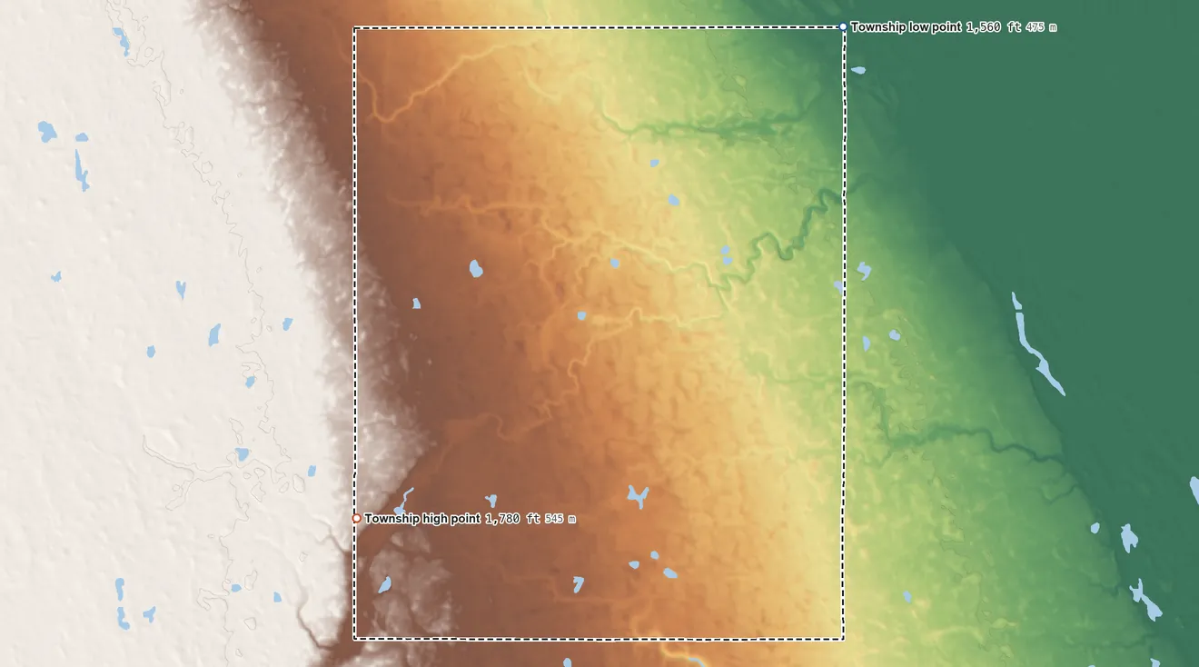 Topographic elevation map of Picton Township, North Dakota, shaded from 1,560 ft on the northeast side to 1,780 ft on the southwest side