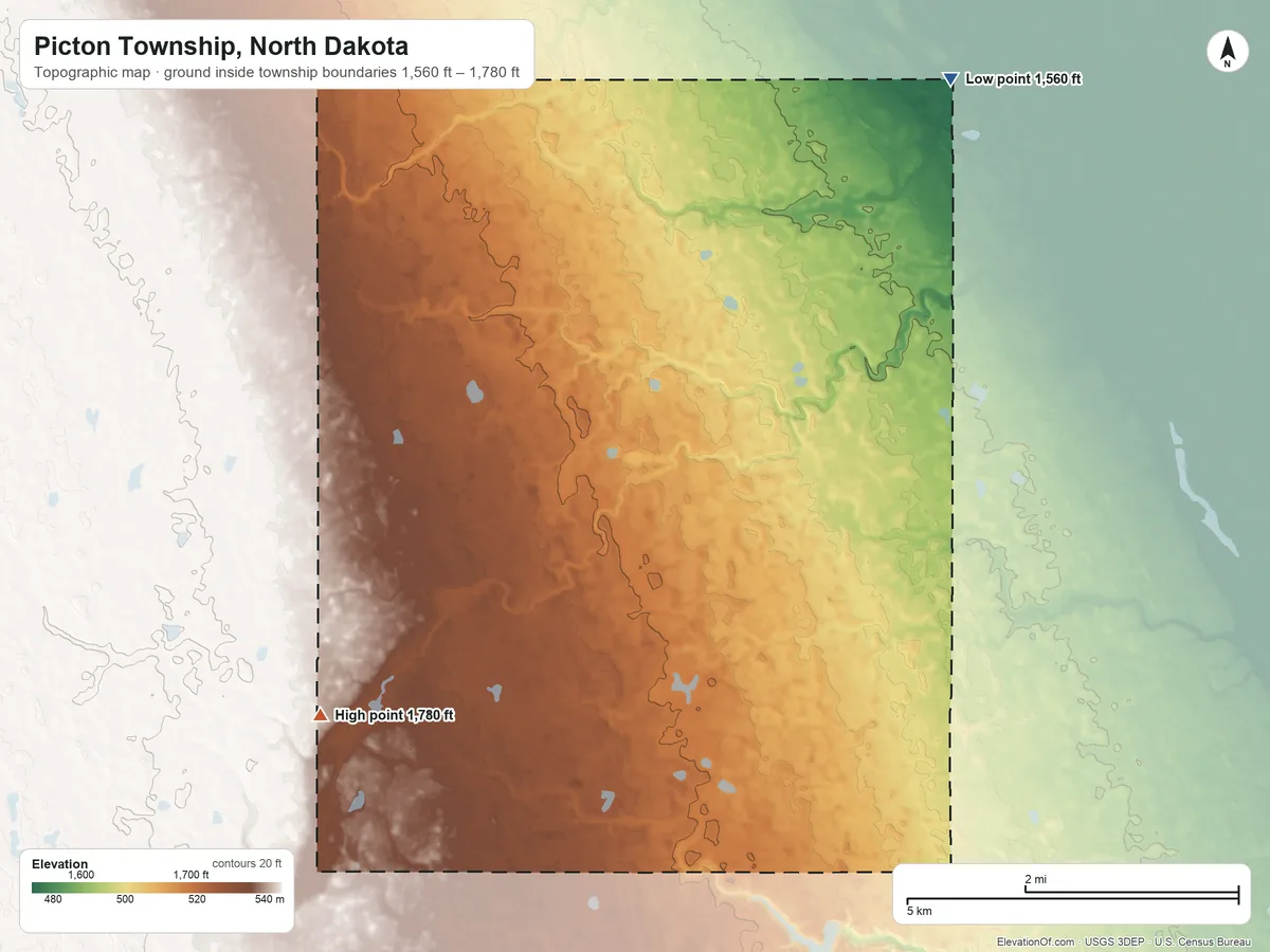 Topographic elevation map of Picton Township, North Dakota, shaded from 1,560 ft on the northeast side to 1,780 ft on the southwest side