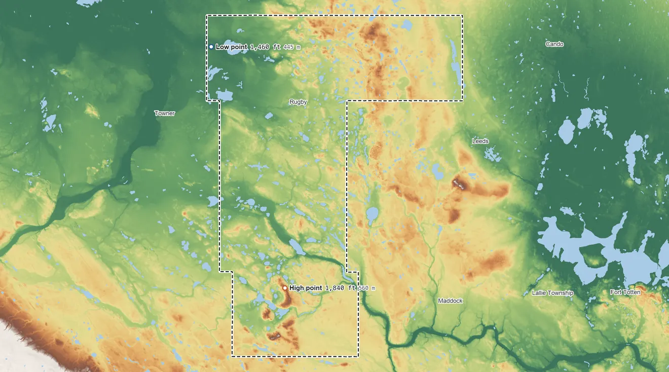 Topographic elevation map of Pierce County, North Dakota, shaded from 1,460 ft on the northwest side to 1,840 ft on the southwest side