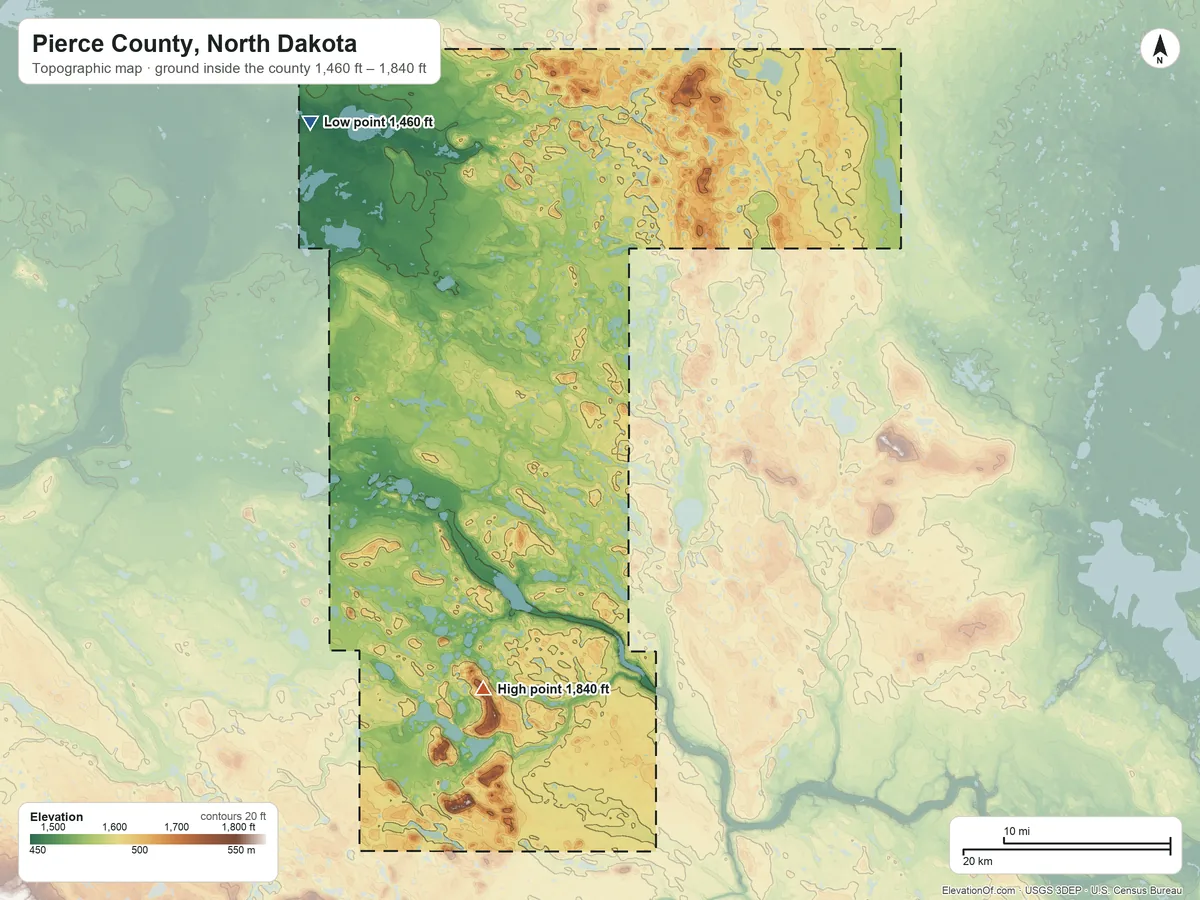 Topographic elevation map of Pierce County, North Dakota, shaded from 1,460 ft on the northwest side to 1,840 ft on the southwest side