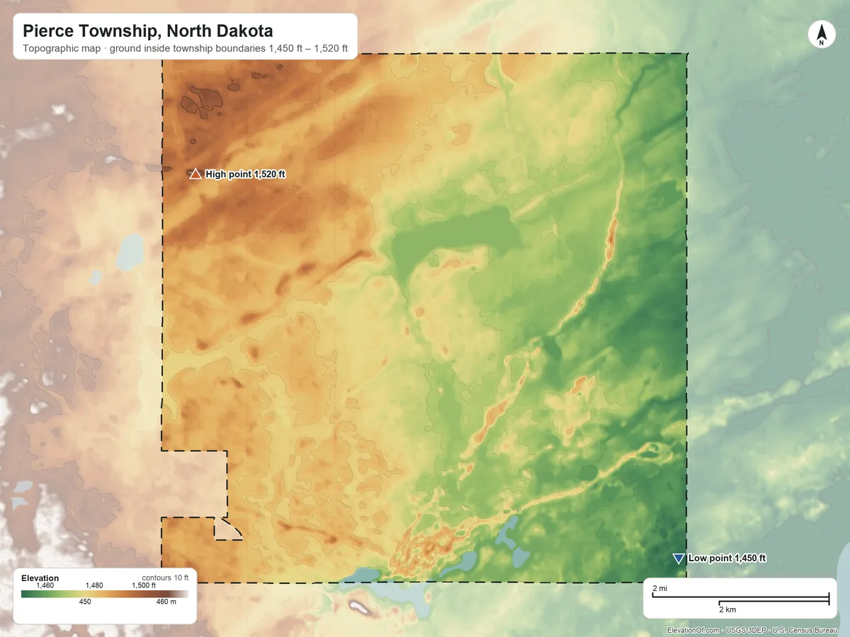 Topographic elevation map of Pierce Township, North Dakota, shaded from 1,450 ft on the southeast side to 1,520 ft on the west side