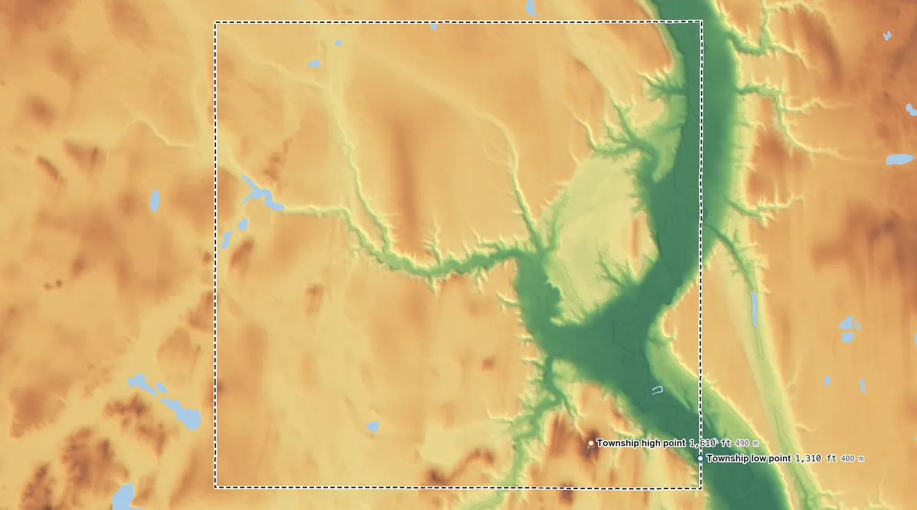Topographic elevation map of Pilot Mound Township, North Dakota, shaded from 1,310 ft on the southeast side to 1,608 ft on Butte Michaud