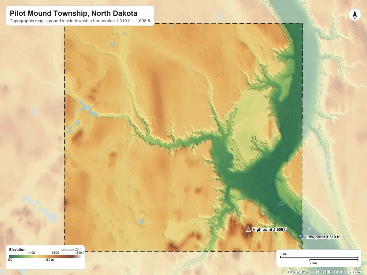 Topographic elevation map of Pilot Mound Township, North Dakota, shaded from 1,310 ft on the southeast side to 1,608 ft on Butte Michaud
