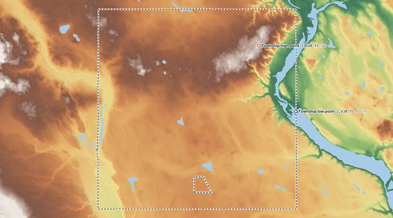Topographic elevation map of Pingree Township, North Dakota, shaded from 1,430 ft on the east side to 1,640 ft on the northeast side