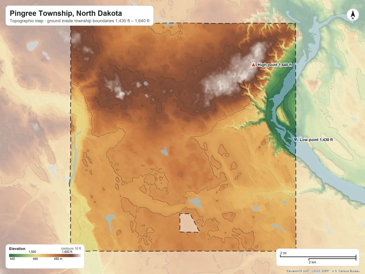 Topographic elevation map of Pingree Township, North Dakota, shaded from 1,430 ft on the east side to 1,640 ft on the northeast side