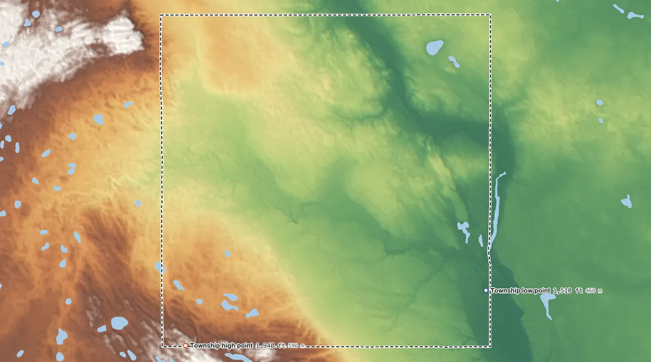 Topographic elevation map of Pipestem Valley Township, North Dakota, shaded from 1,510 ft on the southeast side to 1,940 ft on the southwest side