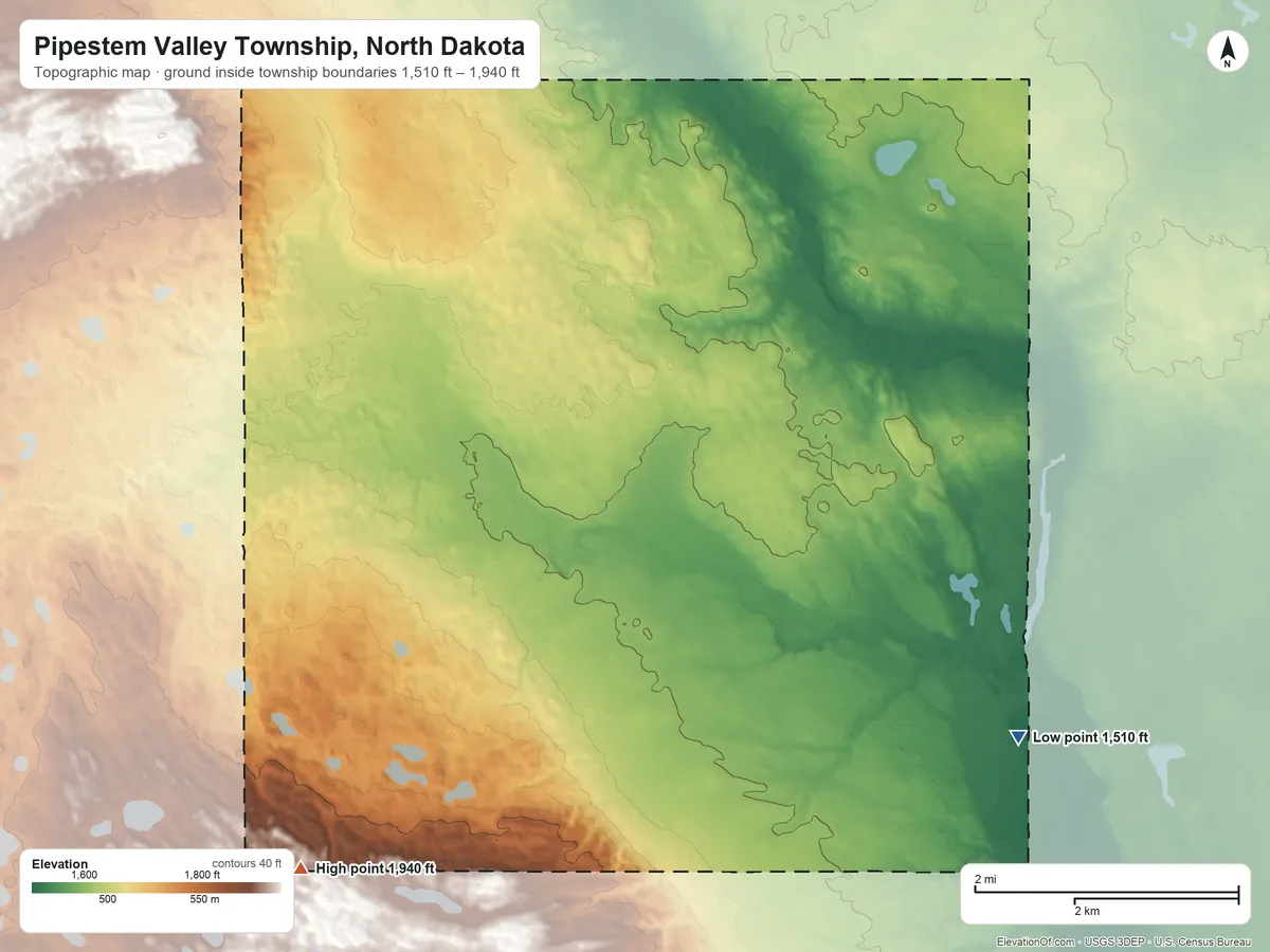 Topographic elevation map of Pipestem Valley Township, North Dakota, shaded from 1,510 ft on the southeast side to 1,940 ft on the southwest side