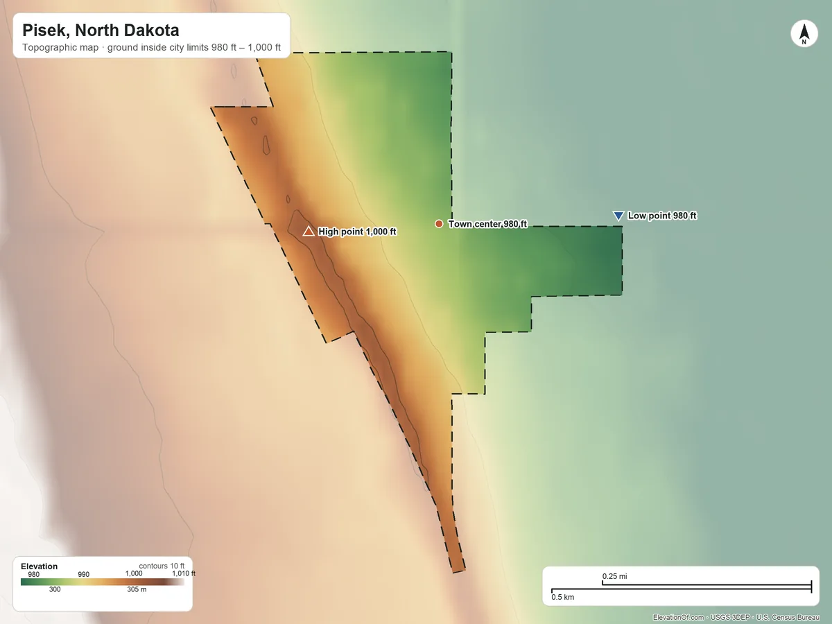 Topographic elevation map of Pisek, North Dakota, shaded from 980 ft on the east side to 1,000 ft on the west side
