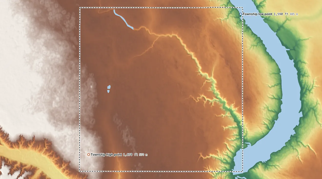 Topographic elevation map of Plain Township, North Dakota, shaded from 1,590 ft on the northeast side to 1,870 ft on the west side