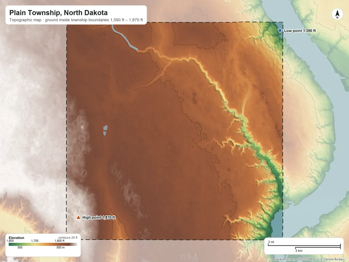 Topographic elevation map of Plain Township, North Dakota, shaded from 1,590 ft on the northeast side to 1,870 ft on the west side