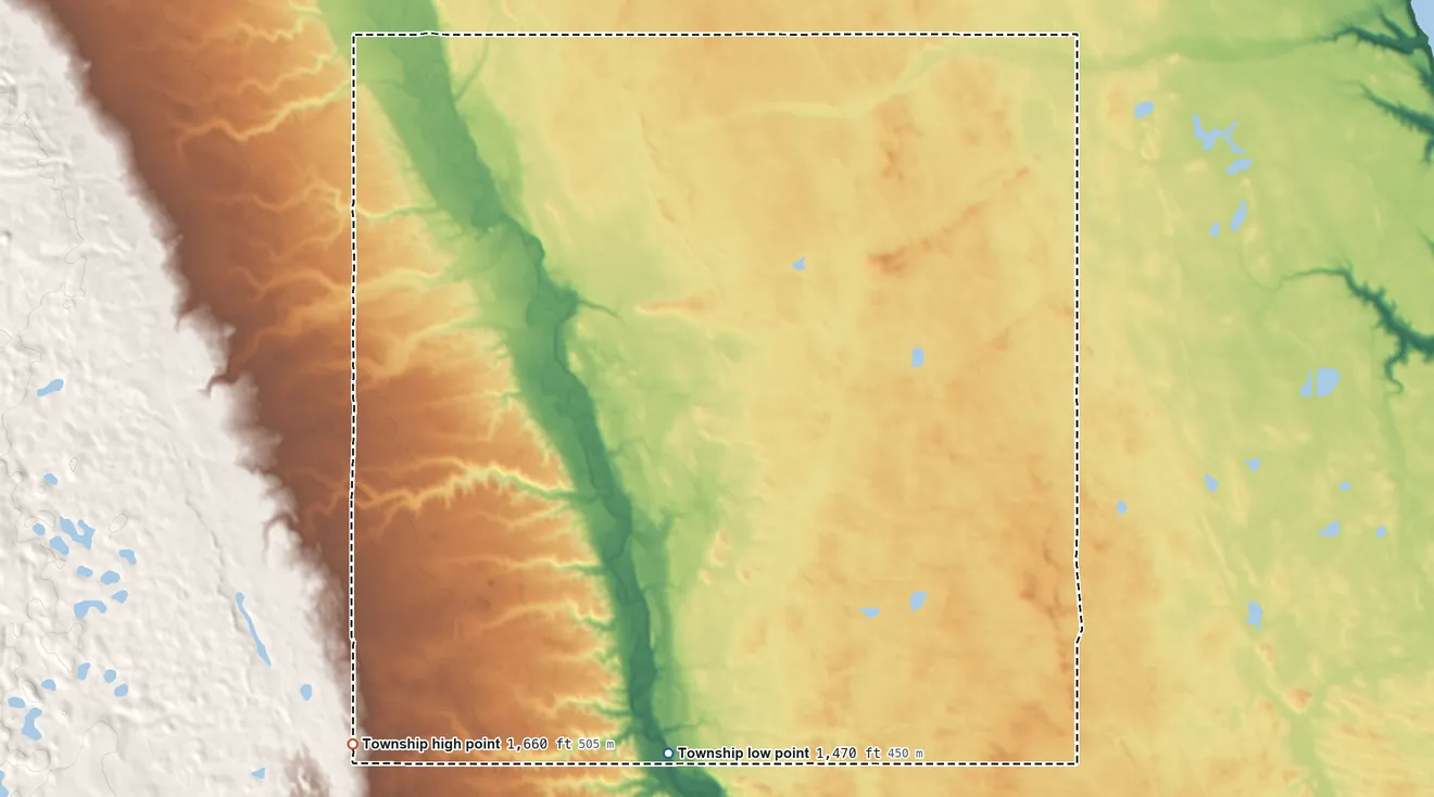Topographic elevation map of Plainview Township, North Dakota, shaded from 1,470 ft on the southwest side to 1,660 ft on the southwest side