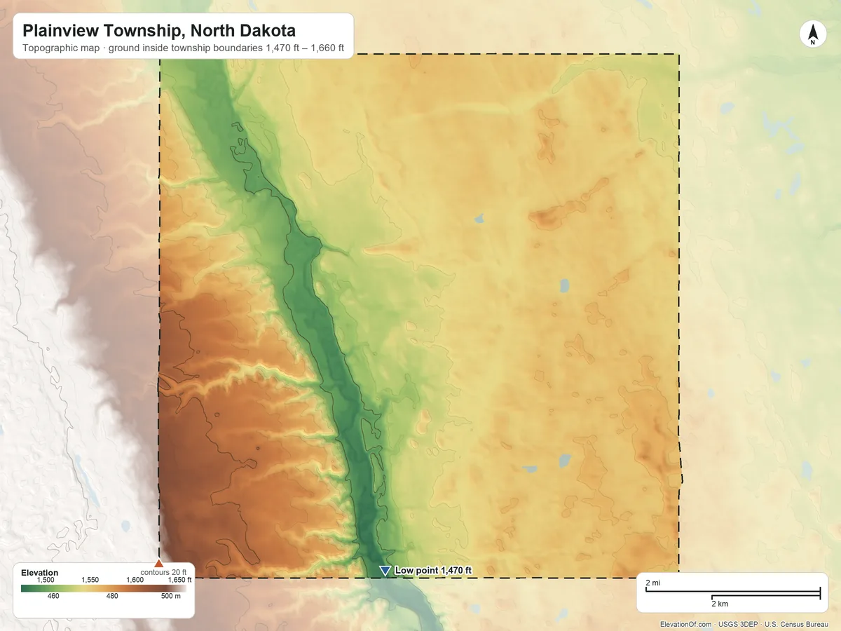 Topographic elevation map of Plainview Township, North Dakota, shaded from 1,470 ft on the southwest side to 1,660 ft on the southwest side