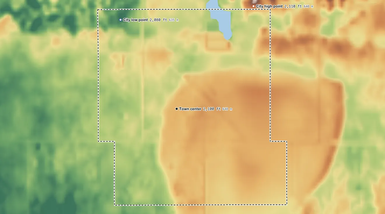 Topographic elevation map of Plaza, North Dakota, shaded from 2,080 ft on the northwest side to 2,110 ft on the northeast side