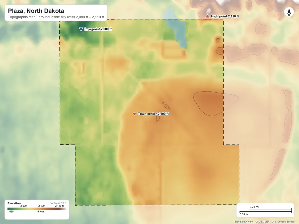 Topographic elevation map of Plaza, North Dakota, shaded from 2,080 ft on the northwest side to 2,110 ft on the northeast side