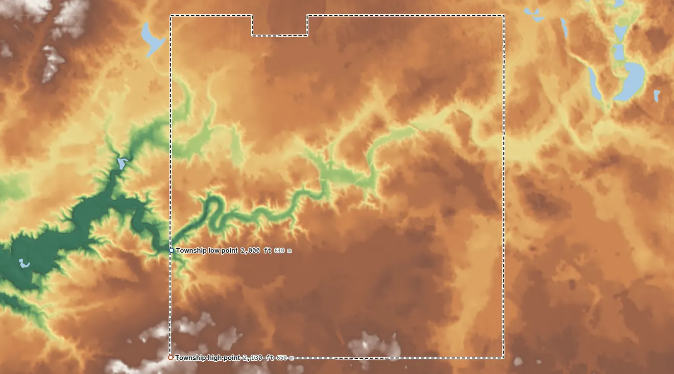 Topographic elevation map of Plaza Township, North Dakota, shaded from 2,000 ft on the west side to 2,130 ft on the southwest side