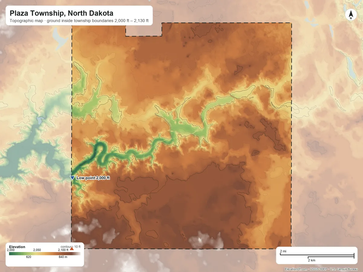 Topographic elevation map of Plaza Township, North Dakota, shaded from 2,000 ft on the west side to 2,130 ft on the southwest side