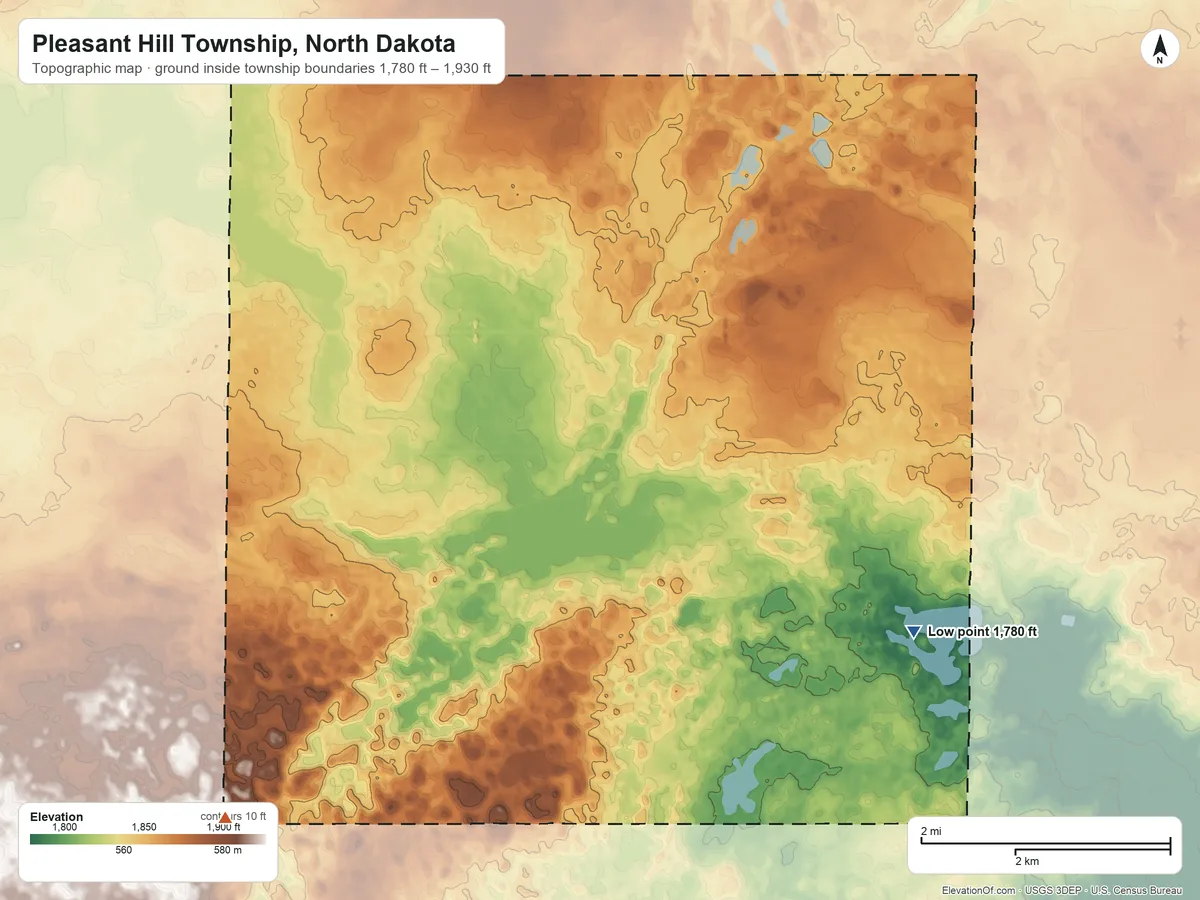 Topographic elevation map of Pleasant Hill Township, North Dakota, shaded from 1,780 ft on the southeast side to 1,930 ft on the southwest side
