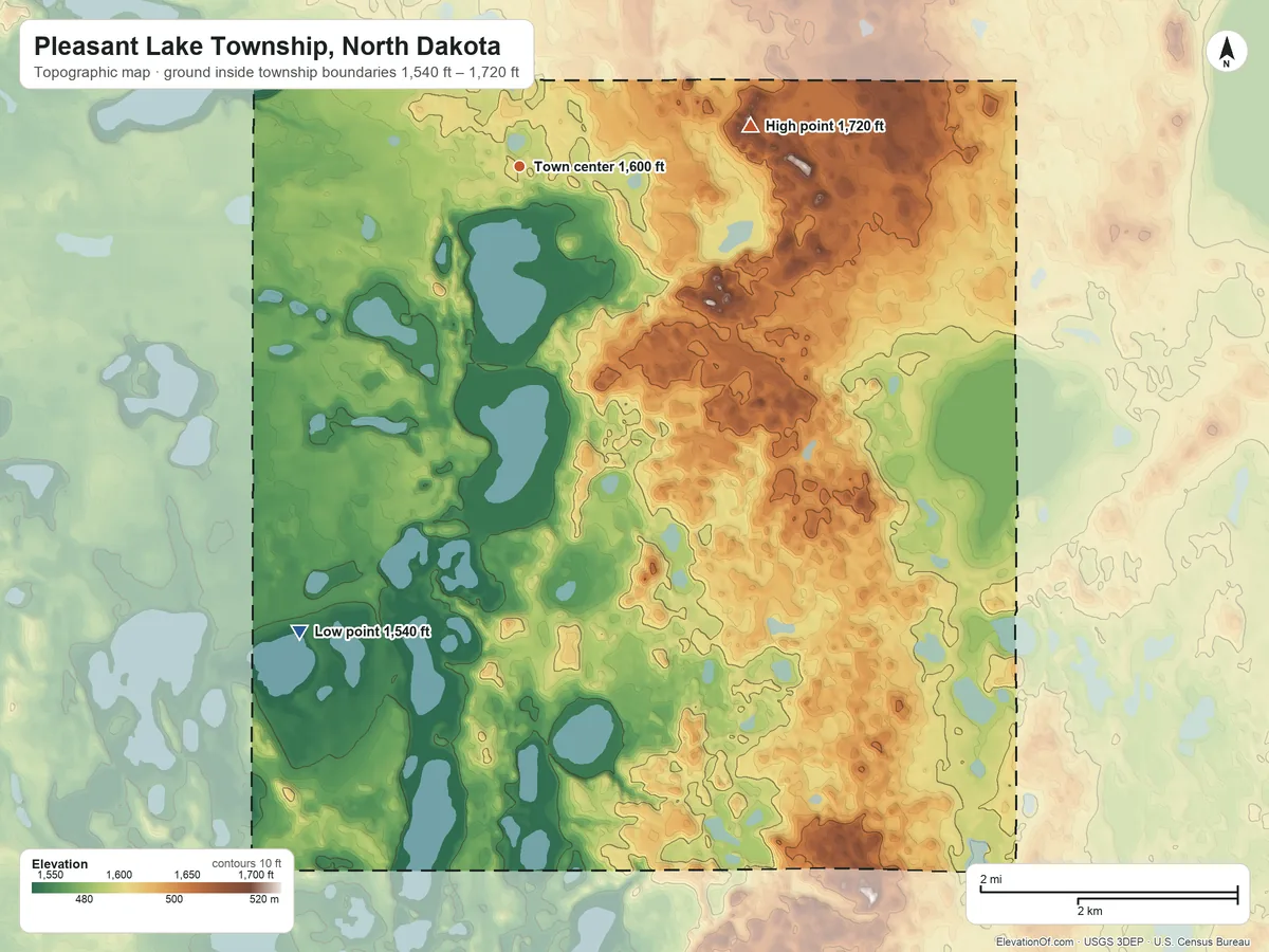 Topographic elevation map of Pleasant Lake Township, North Dakota, shaded from 1,540 ft on the southwest side to 1,720 ft on the east side
