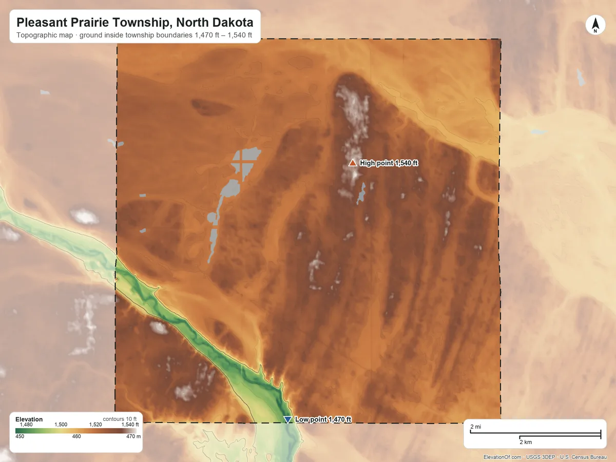 Topographic elevation map of Pleasant Prairie Township, North Dakota, shaded from 1,470 ft on the south side to 1,540 ft on the north side